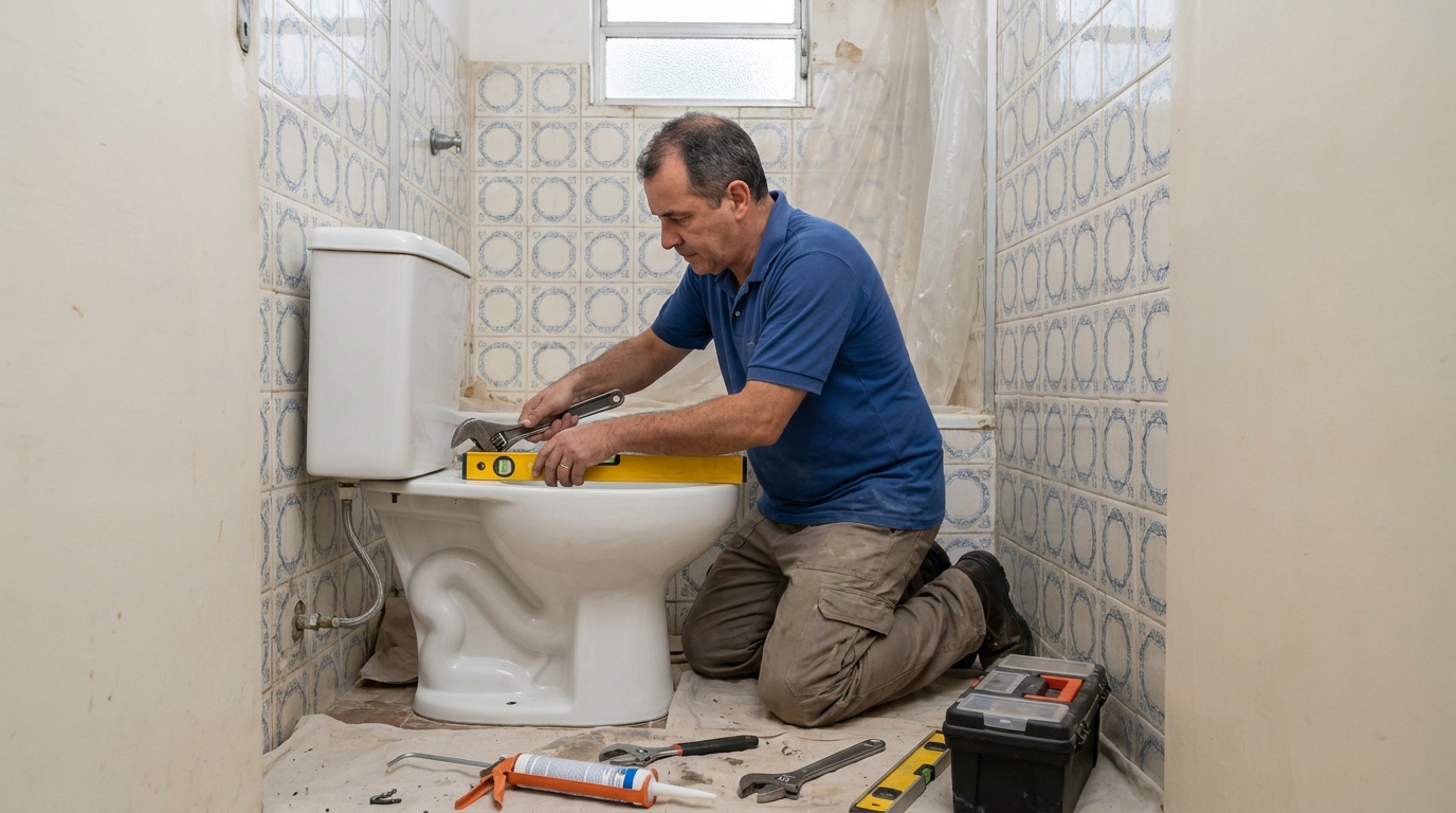 Técnico instalando vaso sanitário em Barueri‑SP